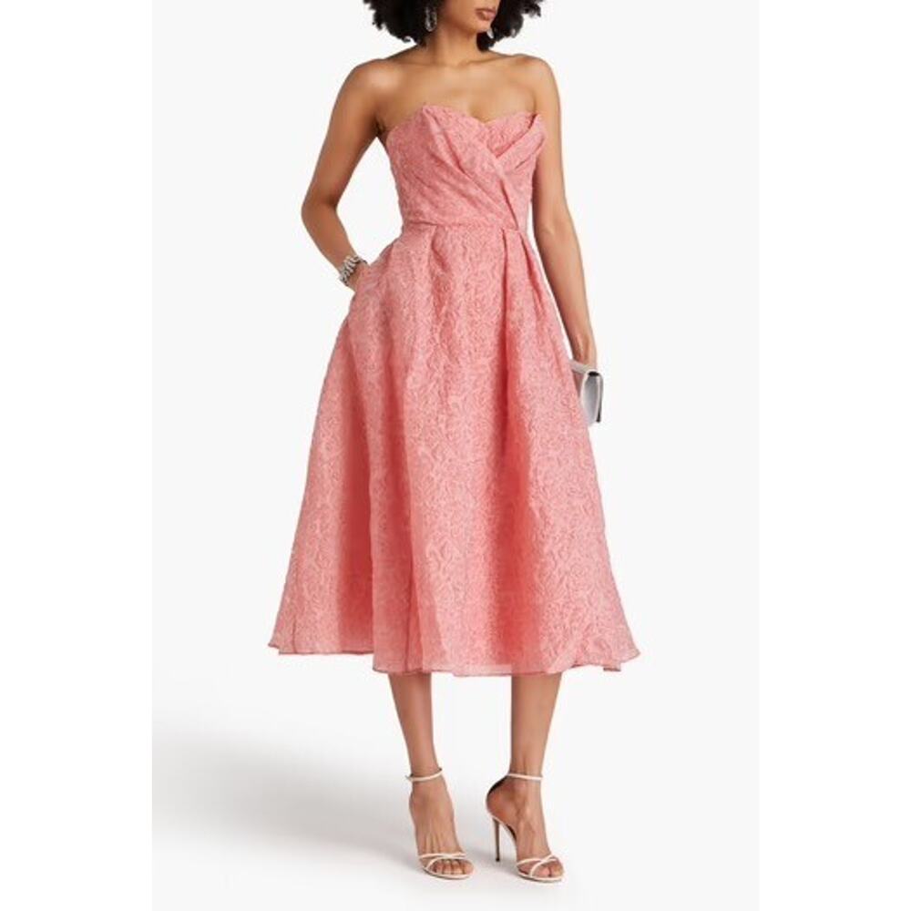 Marchesa Notte Strapless Pleated Cloque Jacquard Pink Midi Dress Size 4 NWOT
